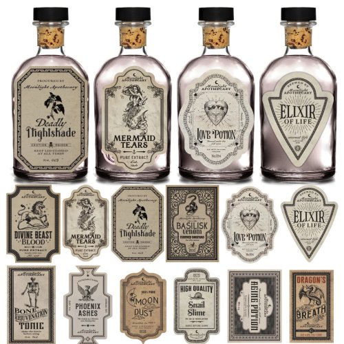 12pcs Retro Fantasy Potion Halloween Bottle Label Stickers, Paper Decals for Magic Potion Wine Glasses, Party Bar Decoration