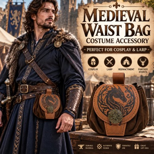 Riñonera de Halloween con Estampado de Dragón Medieval – Bolsa de Cuero Vintage para LARP, Cosplay, Portamonedas de Cinturón, Accesorio de Disfraz para Fiesta