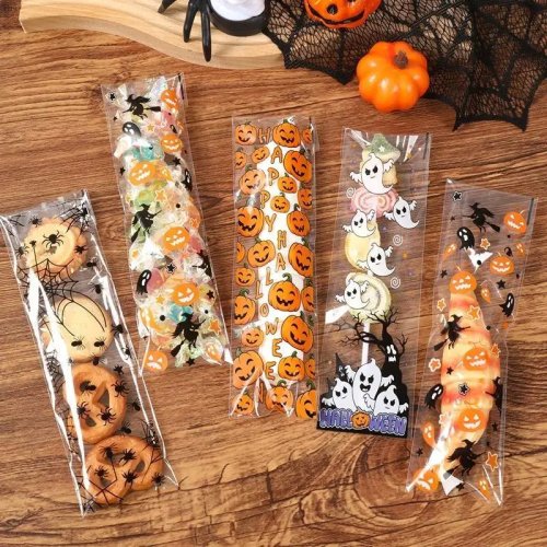 50/100 Pcs Kantong Bening Perekat Sendiri Tema Halloween - Motif Labu & Hantu untuk Permen, Biskuit, Kue Kering