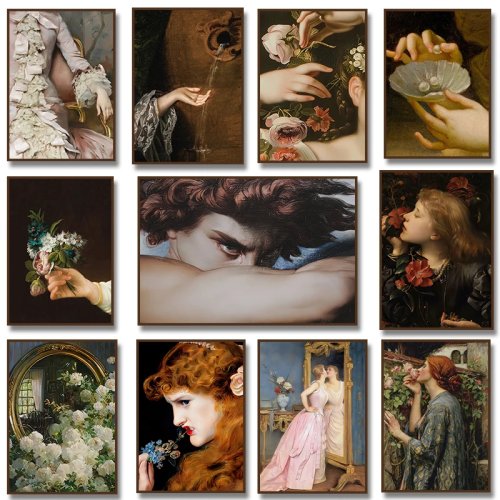 Póster Retrato de Mulher Vintage | Pintura em Tela Barroca Melancólica Francesa Antiga com Flor e Anjo Caído | Decoração Sala