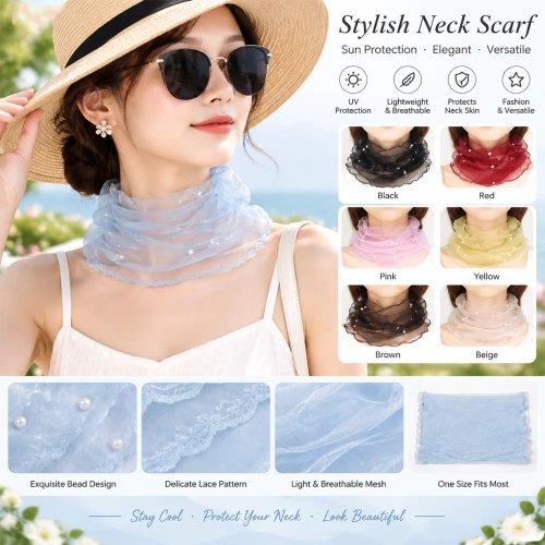Beaded Lace Scarf, Spring and Summer Mesh Neck Protection, Sunshade, Scar Cover, Fashionable, Versatile, Lightweight, Breathable Silk Scarf, 6 Colors