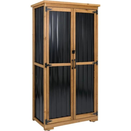 Outdoor Garden Tool Storage Cabinet, Wood & Metal, Waterproof Roof, Gray, 3 Removable Shelves