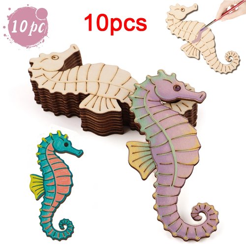 Conjunto de 10 peças de artesanato em madeira cavalo-marinho – Kit de pintura DIY para crianças, decoração de festas e casa