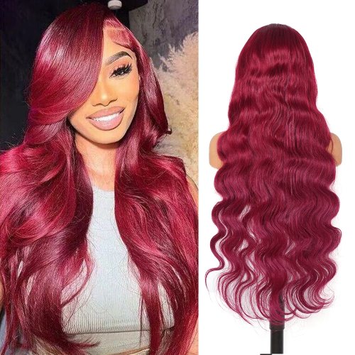 Echthaarperücke 99J Bordeaux Body Wave Lace Frontal 13x4 Pre-Plucked 180% für Damen