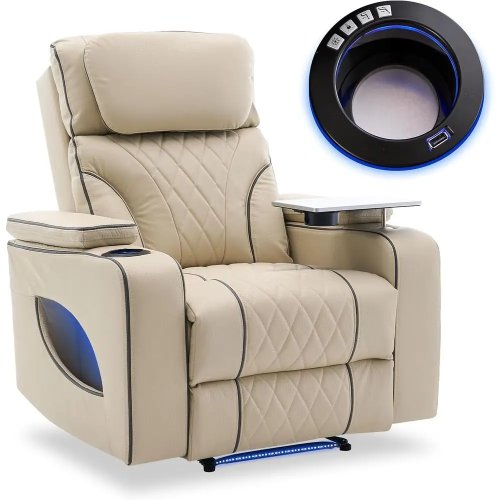 Poltrona reclinabile di lusso con riscaldamento, massaggio, raffreddamento, luce ambientale, porta-bicchiere, vassoio, USB, schienale regolabile, beige
