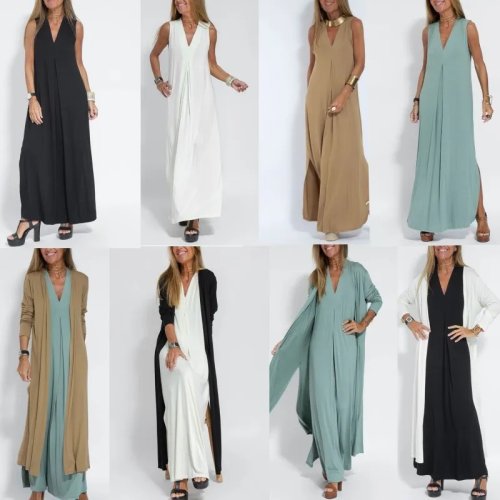 Ensemble robe maxi 2 pièces pour femme avec cardigan long, robe nuisette fendue sur le côté, blanc/kaki, élégant pour festival