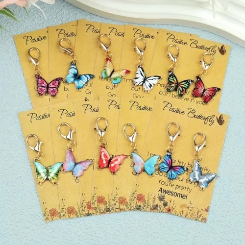 Set de 12 llaveros de mariposa cartoon con tarjeta de felicitación 'Positive Butterfly' - Diseño único, compacto y ligero, regalo ideal para familia y amigos