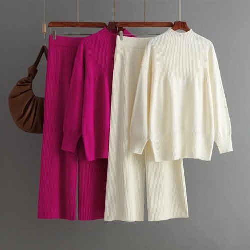 Elegante Conjunto de punto para mujer de otoño invierno cuello semi alto jersey y pantalones 2 piezas manga larga casual holgado