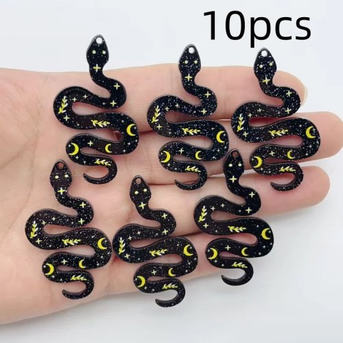 10 Piezas Colgantes de Serpiente de Acrílico con Glitter Negro, Dijes Celestiales de Estrella, Luna y Serpiente para Manualidades de Joyería y Aretes DIY
