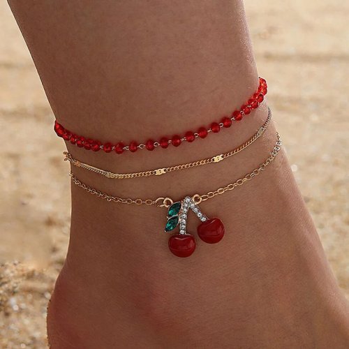 Red Beaded Multi-Layer Anklet Set with Rhinestone Cherry Charms, 3-Piece Foot Jewelry