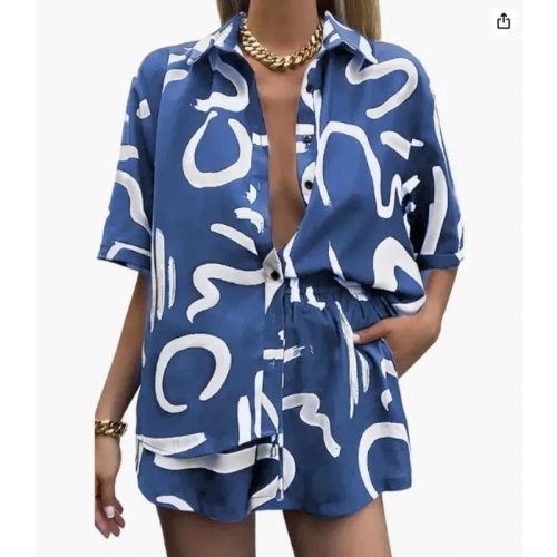 Women's Summer Casual Two Piece Set 2025, Loose Boho Beach Shirt & Shorts Matching Outfit