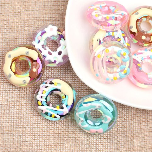 5/10 pièces Perles en Acrylique Forme Donut Couleur Aléatoire Motif Crème, Perles en Vrac pour DIY Bracelet Collier Bijoux