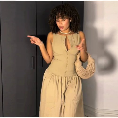 2026 Women's Khaki Sleeveless Maxi Dress – Button Front, V-Back, Ruched Waist, Flowy A-Line Summer Casual Daily Holiday Wear