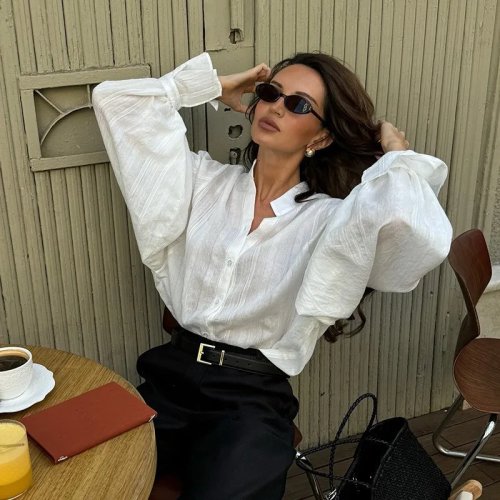 Women's White Cotton Oversized Shirt – Long Sleeve Casual Blouse, Chic Basic Top for Spring/Summer
