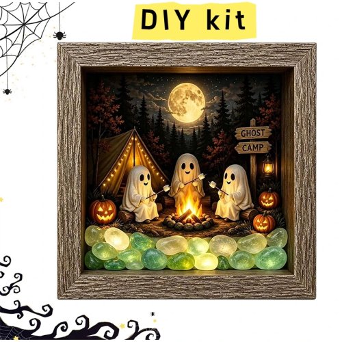 Moldura shadow box iluminada de Halloween | Conjunto DIY com abóbora e fantasma luminosos e luz LED, decoração de outono