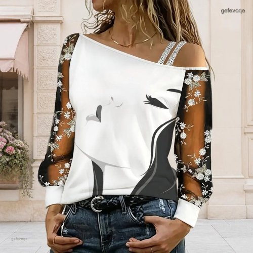 Damen Schulterfreie Bluse Asymmetrisches One-Shoulder Top Spitze Blumen Mesh Langarm Lässig Lockere