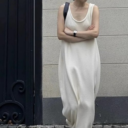 Vestido Maxi de Punto Sin Mangas Cuello U Mujer - Elegante Holgado Verano Playa Vacaciones