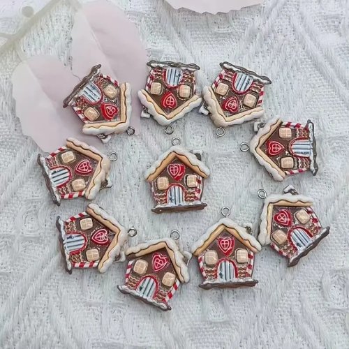 10 stuks Cartoon Kersthuis Charms, DIY Sieraden Maken, Vlakke Achterkant Convex Rond voor Armbanden en Oorbellen