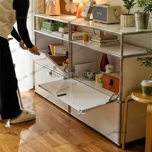 LDRetro Modular Dining Sideboard Cabinet, Stainless Steel 2-Tier Metal Storage Unit, Luxury Low Coffee Machine Stand