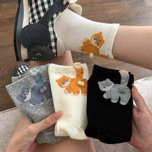 Women's All-Season Cotton Socks - 1 Pair, Breathable Comfortable Cartoon Cat Design Daily Socks