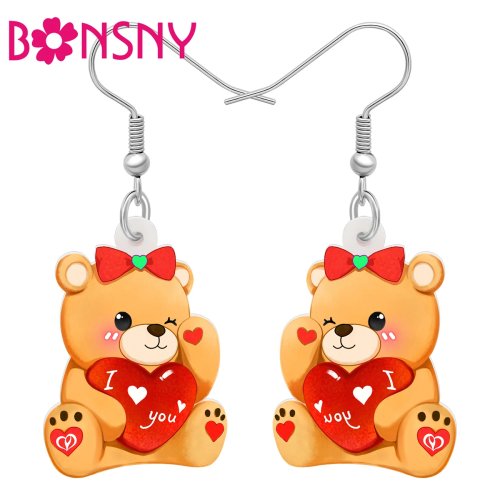 BONSNY Acrylic Teddy Bear Earrings - Cute I Love You Heart Cartoon Animal Jewelry, Romantic Valentine's Day Gift for Wife Women