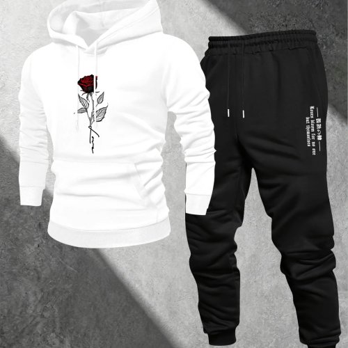 2026 Men's Red Rose Graphic Tracksuit 2-Piece Hoodie & Jogger Pants Set Casual Streetwear Sportswear