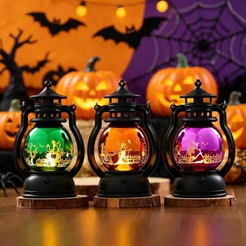 1-10 unid. Lamparina de óleo mini de Halloween, luz de abóbora vintage formato pónei laser para decoração de mesa de bar, casa assombrada e festa