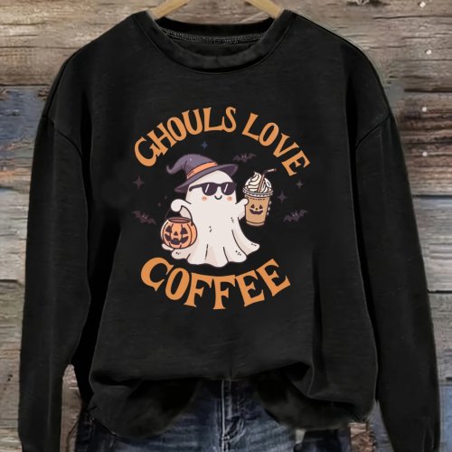 Camiseta de Mujer Manga Larga Cuello Redondo - Estampado Fantasmas Ghouls Love Coffee, Holgada, Lavable a Máquina, Blusa Halloween