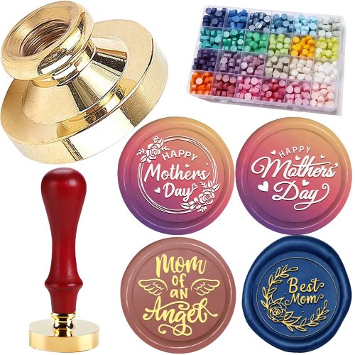 600개 씰링 왁스 비즈 어머니날 테마 왁스 씰 스탬프 키트, 24칸 씰링 왁스 비즈, 4개 스탬프 헤드 DIY 공예 장식용