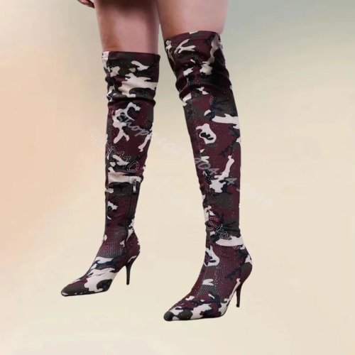 Botas para Mujer Estampado Camuflaje Punta Fina Sin Agujetas Tacón Alto Delgado Fiesta Banquete 2024