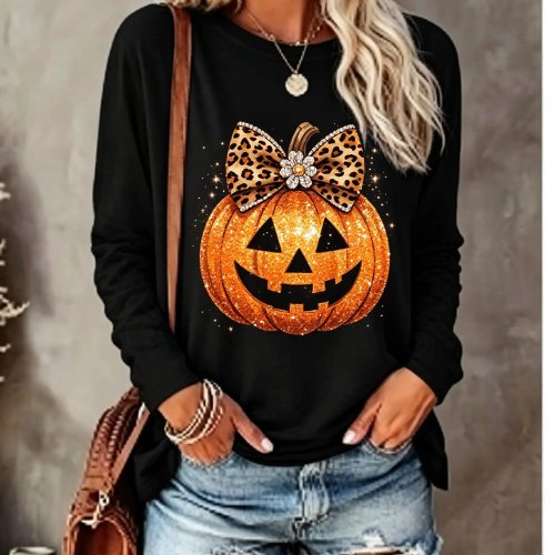 Damen Halloween Langarmshirt – Süßer Print mit Kürbis, Schleife & roter Rose, Rundhals, lässiges Herbst-Oberteil