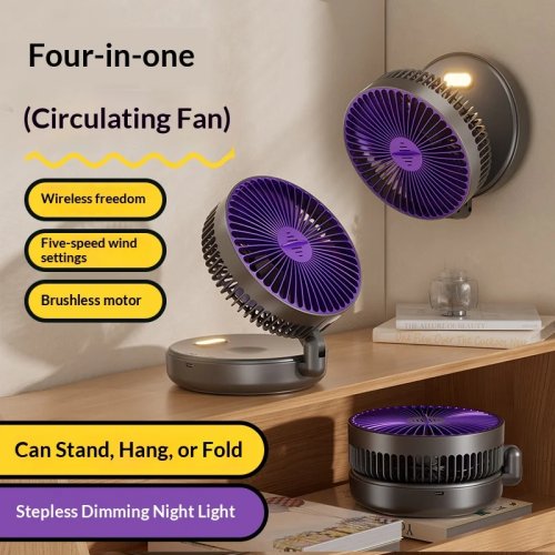 5000mAh Foldable Glow-in-the-Dark Fan, Wall Mount & Desktop Portable Quiet High-Speed Air Circulation Fan for Students Office Desk