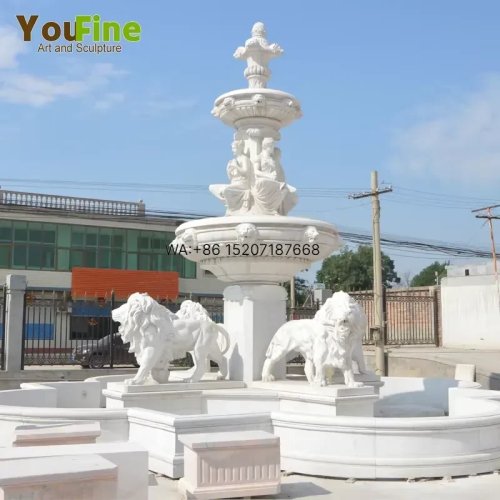 Classical White Marble Fountain with 4 Lion Statues and Female Sculptures for Luxury Garden Hotel Outdoor Water Feature