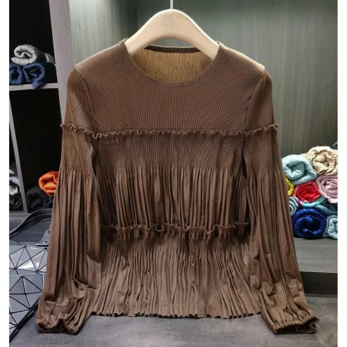 Atasan Wanita Lengan Panjang Miyake Plisket – Kemeja Kasual Longgar Patchwork Warna Solid Musim Gugur Baru, Nyaman dan Melar, Kerah Bulat