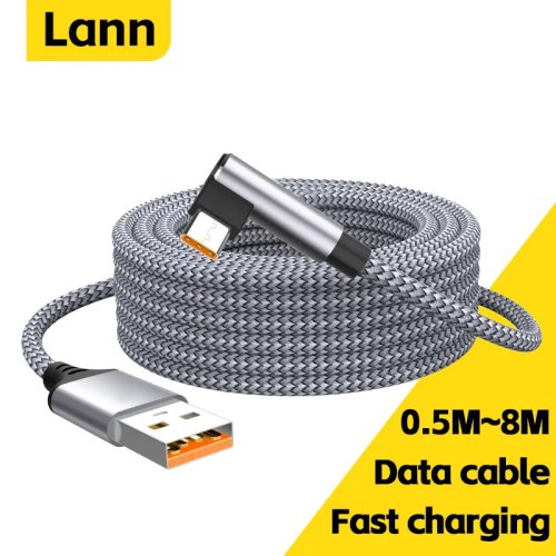 USB-C Schnellladekabel 6A mit rechtwinkligem Stecker, 3m/5m, Verlängerungskabel für Samsung, Huawei, Xiaomi, Oppo, OnePlus und VR-Kamera