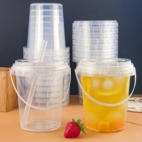 Xô nhựa trong suốt 1L dùng một lần có nắp và tay cầm, xô di động ngoài trời cho trà sữa và trà trái cây