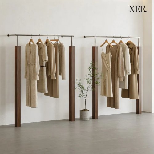 Floor-to-Ceiling Clothing Display Rack, Stainless Steel with Wood Grain, Heavy-Duty Retail Stand for Women's Apparel