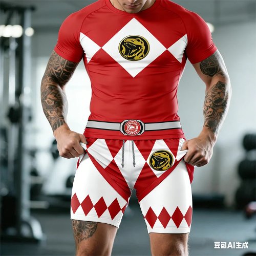 Bandai Power Rangers Men's Double Layer 2-in-1 Performance Fitness Tee & Shorts Set - Breathable Quick-Dry Summer Sports Suit