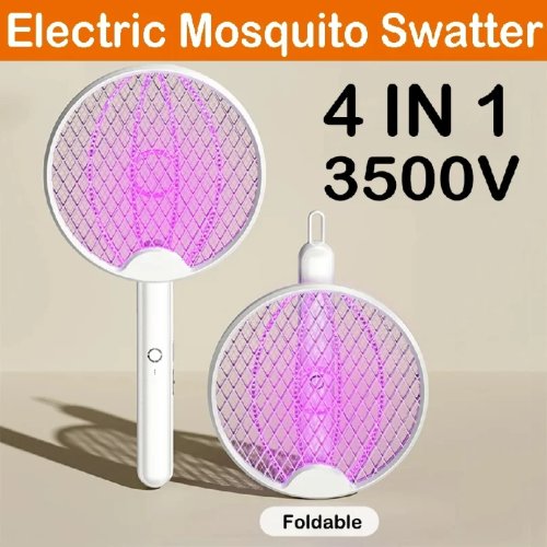 Upgraded 4-in-1 Electric Mosquito Killer, Foldable Handheld Bug Zapper & USB Rechargeable Fly Swatter with UV Light Trap