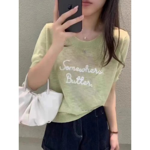Women's Summer Ice Silk Knitted T-Shirt with Letter Embroidery, Short Sleeve, Round Neck, Loose Fit