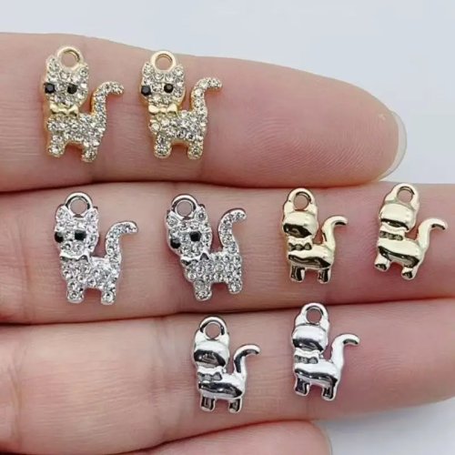 10 Uds Dijes Gato Lazo Dibujos Animados Cristal Strass Metal Gatito Bañado en Oro y Plata DIY Pendientes Collar Bisutería