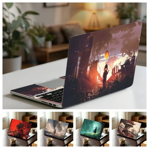2-Pack Anime Samurai Sunset Ruins Laptop Sticker, Scratch-Proof Waterproof Vinyl Notebook Decal, Anime Warrior Laptop Decor