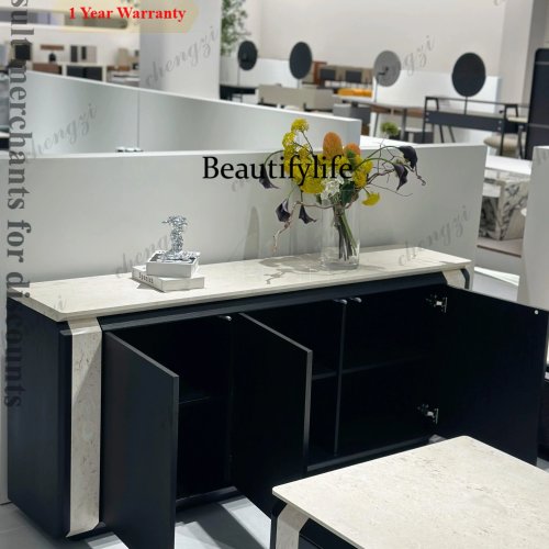 New Modern Simple Black Side Cabinet with Marble Countertop, Premium Wall-Integrated Storage Cabinet