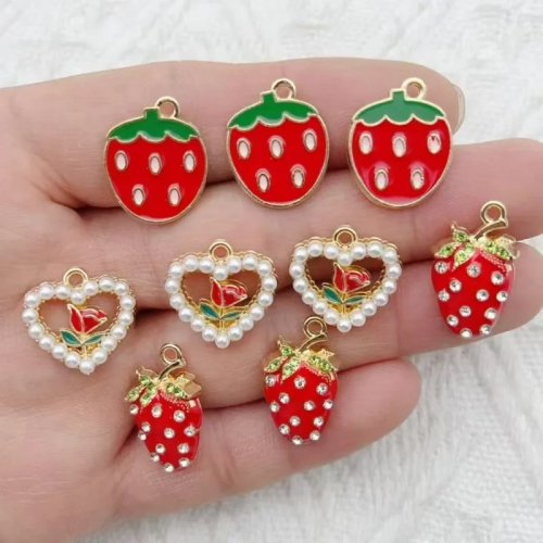 10 unid. pingentes de morango cloisonné, charms em liga esmaltada para DIY pulseiras, brincos e colares