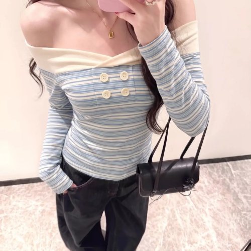 Kimotimo Camiseta de Mujer Manga Larga Off-Shoulder Rayas Azules Sweet Cool Otoño Invierno Nueva Slim Fit Versátil