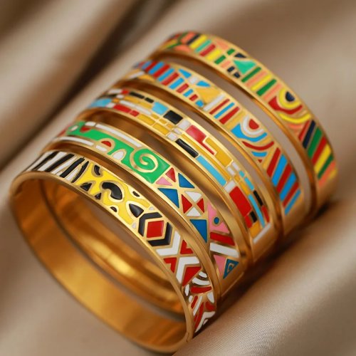 Women's Geometric Stainless Steel Bangle Set - Irregular Multicolor Party Bracelets