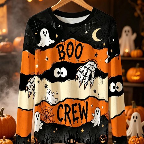 เสื้อยืดแขนยาวผู้หญิงฮาโลวีน 2026 พิมพ์ Boo Crew Ghost Pumpkin แคชชวลปาร์ตี้ท็อป