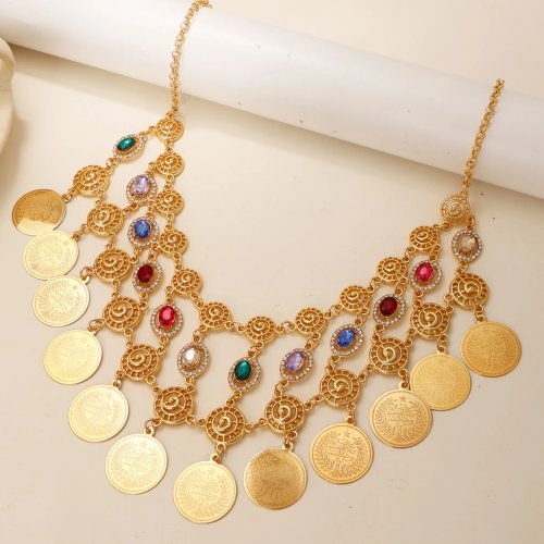 Dubai Gold-Plated Colorful Zircon Coin Tassel Necklace, Light-Luxury Accessory for Women, Perfect for Weddings & Parties