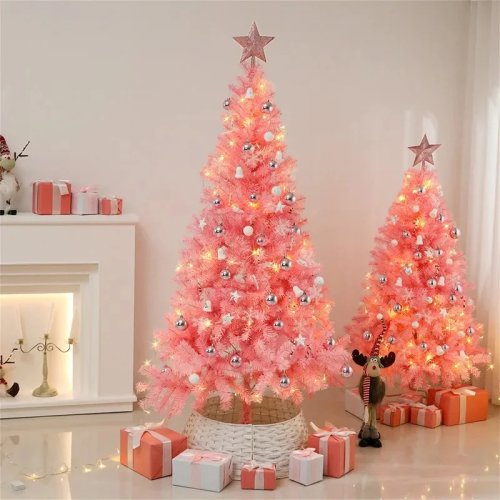 Pink Christmas Tree Set with Silver Ball & Star Ornaments, LED Lights, Festive Holiday Living Room Decor