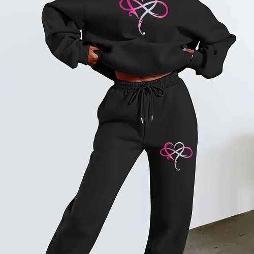 Damen 2-teiliges Y2K Gradient Love Heart Print Fleece Hoodie und Jogginghose Set, Herbst Winter Warm Dick Freizeit Streetwear